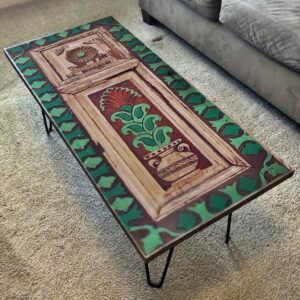 Bohemian Coffee Table, Floral carved solid wood Table, industrial Hairpin legs wooden Table, Farmhouse Hairclip Legs Edge, Sofa, Side Table