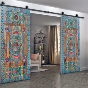 Custom Size Farmhouse Barn Door, Carved Entry Front Door, interior exterior Double or Single Sliding Doors, Antique Aztec Tribal Door